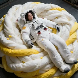 full view of a beautiful female astronaut lying entangled in a massive bundle of thick white, yellow cables and luminous cables made of light, absurdly beautiful, gorgeous, elegant, playful, young woman, an ultrafine hyperdetailed illustration by kim jung gi, irakli nadar, intricate linework, bright colors, octopath traveler, final fantasy, unreal engine 5 highly rendered, global illumination, radiant light, detailed and intricate environment