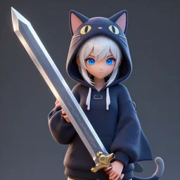 3 d character render, maya, girl with cat hoodie, white hair and blue eyes, holding a gigantic sword.