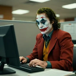 jack nicholson as joker working in a cubicle at a computer in 1 9 8 9, fleshtone facepaint coming off, movie still, dslr