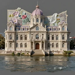 an elaborate architecture along a river. mixed media collage, victorian baroque embroidery rich fabric textures, shiny pastel tones. matte background. HD 8x