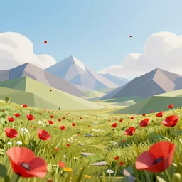 3 d render, mountain landscape, digital art, low poly art, minimalist, poppy, journey game, lowpoly landscape, particles floating, unreal engine, dreamy, brush strokes, bounce light, sunny, complementary palette, redsinski