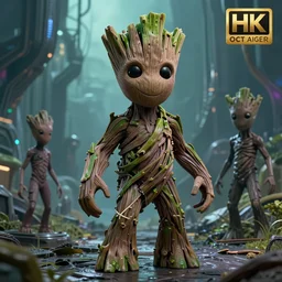 groot, redesigned by yasushi nirasawa hr giger and alex ross, full figure action shot, alien world background, hdr, 8 k, octane render, volumetric lighting
