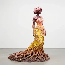 vivid sculpture of a woman made of roots and branches, wearing a yellow gown, covered in cherry blossom flowers. intricate. gradient colors. empty white space exposition. by ueda akishi, beth cavener, ellen jewett, rogers