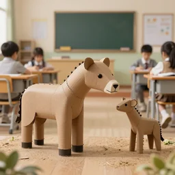 zoo made out of cardboard pipes, photorealistic, 4 k, canon 1 d, classroom in background