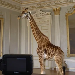 mini dv camera footage of a girafe in a neoclassical room, very low quality, trail cam