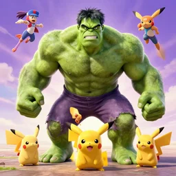 pokemons in the style of hulk, hulkmons advertisement poster, octane render, by studio ghibli, pixar, disney, nintendo.