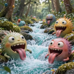 of river rapids through a forest with strange cute!! friendly happy creatures with huge eyes, mouth, long tongue and round teeth appearing from the water, in the style of gehry and gaudi, macro lens!!, shallow depth of field, highly detailed, digital painting, trending artstation, concept art, illustration, cinematic lighting, vibrant colors, photorealism, epic, octane render