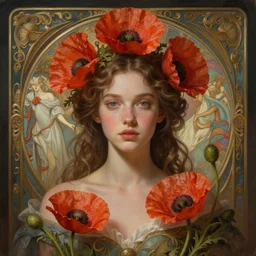 young poppy queen, unique non conventional beauty, surreal, fantasy, intricate, elegant, dramatic lighting, emotionally evoking symbolic metaphor, highly detailed, lifelike, photorealistic, digital painting, artstation, concept art, smooth, sharp focus, illustration, art by Krenz Cushart and Artem Demura and Alphonse Mucha and Albert Aublet