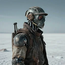 a half - masked rugged engineer man with cybernetic enhancements lost in the salt flats, scifi character portrait by greg rutkowski, esuthio, craig mullins, 1 / 4 headshot, cinematic lighting, dystopian scifi gear, gloomy, profile picture, mechanical, half robot, implants, steampunk