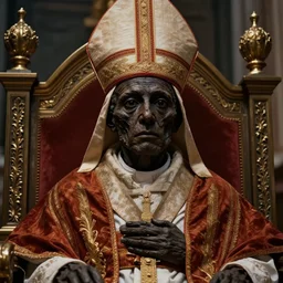 mummified pope in his throne at the vatican, desiccated, close - up portrait, tall pontiff hat, mitre, dark, moody, black skin, ornate, hyper realistic, sharp focus, highly detailed, cinematic, dramatic lighting