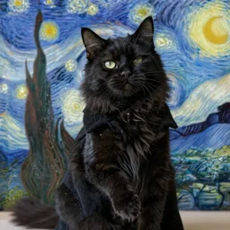 close - up, black. realistic. cat. with a long, fluffy. sparkly. wool. he stands on his hind legs. in a long black coat and a long black coat. winks with his eye.. fantasy background. an image in the style of van gogh. clear details. the oil painting is a masterpiece.