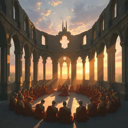 crowd of monks sitting in circular formation in gothic ruins, with stunning evening dusk sunlight dappled light and god rays, old master painting by hsiao - ron cheng, miho hirano,