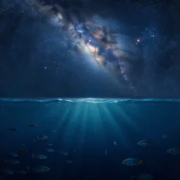 point of view of botom of the ocean looking up, see fishes, the milk way, night time, midnight, no sunlight. highly detailed painting by, greg rutkowski 8 k