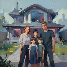 painting of a famaly photo in front of the house, futuristic cyberpunk style, techno, fine details, magali villeneuve, artgerm, rutkowski