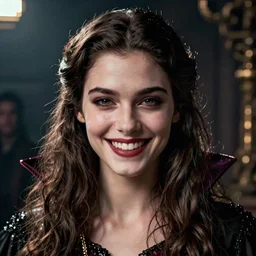 cinematic shot of a vampire young woman smiling, epic portrait, hyper realistic, detailed face, seduction, pretty, hyper detailed, super realistic, perfect lighting pixel sorting, style sheet