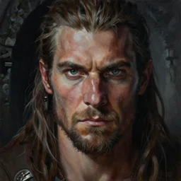a highly detailed painting of a rugged barbarian with piercing eyes, dimly lit dark tomb by marc simonetti