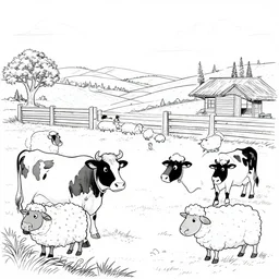 colouring page of a new zealand farm, cows and sheep in the style of disney's home on the range