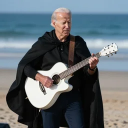 cinematic shot of joe biden wearing a black cloak and playing a guitar solo on a white guitar on the beach, 8 k, dslr, intricate, detailed,