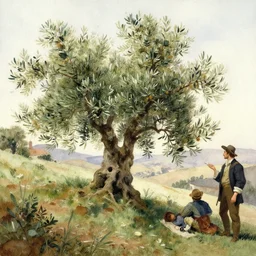 watercolor painting of olive tree on hillside, art by hans gude, art by hans dahl, by jesper ejsing, art by anders zorn, wonderful masterpiece by greg rutkowski, cinematic light, american romanticism by greg manchess, creation by tyler edlin