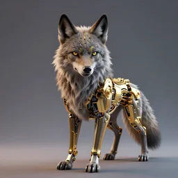 portrait of a werewolf with delicate golden biomechanical components. studio photography, 3 d render, 4 k, rimlight, complementary colors.