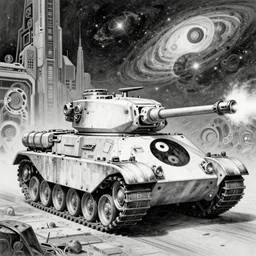 heavy armor battle tank painted in white and black yin - yang dao symbol firing at dystopia, cosmos backdrop, detailed pencil drawing escher style xenopunk alien aesthetics
