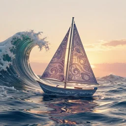 [ palate ] [ muted colors ] crazy psychedelic ocean waves, fantastical sailboats on the ocean, paisley swirls and ripples, backlit, sunset, refracted lighting, outdoors, paisley clouds in the sky, elegant, 8 k resolution, intricate and fine details, digital painting, artstation, illustration, greg rutkowski, alphonse mucha