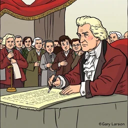 comic of thomas jefferson signing the declaration of independence, by gary larson