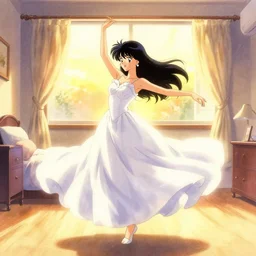 girl in a white gown dancing in her bedroom as the sun is rising drawn by naoko takeuchi