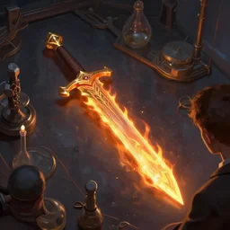 scientific and magical research photo of a flaming sword on an inspectors table digital painting trending on artstation by wlop octane render