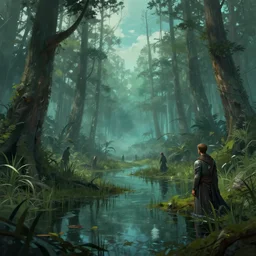 reed - people in futuristic spiritual mystical post apocalyptic swampy forest in kazahstan drawn by ron gilbert, dim painterly volumetric aquatic lighting, scenic, beautiful, crisp, artstation, highly detailed