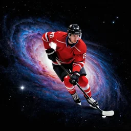a beautiful artwork illustration, hockey player riding through a galactic nebula, high contrast, high contrast, high contrast, vibrant colors, vivid colors, high saturation, by Greg Rutkowski and Jesper Ejsing and Raymond Swanland, featured on artstation, wide angle, vertical orientation