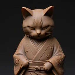 demure anthropomorphic cat figurine wearing a kimono, brown resin, highly detailed, intricate, monotone, shy looking down