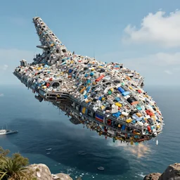 enormous alien mothership made from plastic garbage