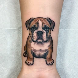 wrist tattoo of an american bulldog puppy, messy botched tattoo