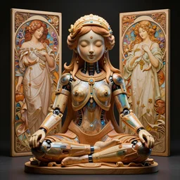 vibrant ultra clear wooden sculpture of beautiful cute cyborg god meditation position, by sandra chevrier, laurie greasley, ron english, alphonse mucha, cybernetics, low contrast, cinematic dramatic lighting, hyper realistic detailed intricate render, hypermaximalist, epic composition, 4 k 8 k, cryengine octane blender, sharp focus, concept art, masterpiece of art