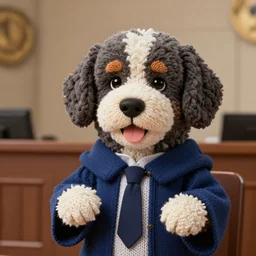 a closeup photorealistic illustration of a knitted bernedoodle judge puppy wearing a justice gown and speaking to the courthouse. this 4 k hd image is trending on artstation, featured on behance, well - rendered, extra crisp, features intricate detail, epic composition and the style of unreal engine.