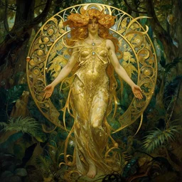 consciousness concept art, lush forest, magic, gnarly details, gold, gems, dramatic lighting, denoised, painted by tom bagshaw, alphonse mucha