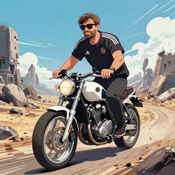 jurgen klopp riding a motorcycle through a post - apocalyptic landscape, epic, anime, manga