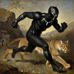 close up of man in black panther costume chasing a lynx in a rocky place. painting by gertrude abercrombie, fra angelico, fra filippo lippi