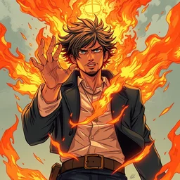 the wondering man touched by flames, pixiv fanbox, natural light, anime style, graphic novel by fiona staples and dustin nguyen, peter elson, alan bean, wangechi mutu, clean cel shaded vector art, trending on artstation
