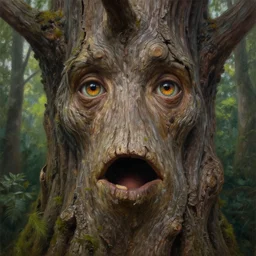 a talking tree, a face in the bark, mouth in the bark, eyes in the bark, fantasy concept art, digital painting, oil painting, hyperrealistic, beautiful, treebeard, ent, magical, highly detailed, very detailed eyes, artstation, cgsociety, in the forest, by alan lee, by artgerm