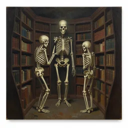 the skeletal sacred library by simon stalenhag and thomas kinkade, oil on canvas