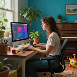 portrait of a woman with brown hair programming a computer, photograph of the whole room, colorful computer screen, home office with plants, colorful kid toys all over the floor, piano in the background, cosy, serene, morning light, very detailed, vivid colors, solid color background, steampunk