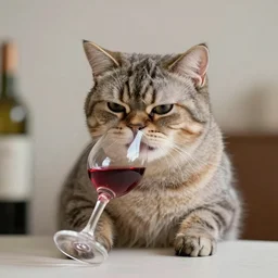a grumpy cat drinking his wine glass, photorealistic, photograph, 4 k, volumetric light