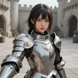 a masterpiece hyperrealistic ultradetailed fullbody picture of a lifelike real human anime girl wearing steel plate armor, selfie, inside a castle courtyard, cute, k - pop, rough skin pores texture, desaturated, photoreal image, made by wlop, photoreal, blender, unreal engine, extremely detailed, trending on artstation, sharp focus, 4 k