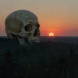 the skull of a giant old mecca watches the sun going down at the horizon, vast forest, melancholy, dusk, simon stalenhag, artstation