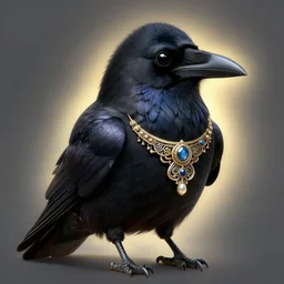 beautiful black raven bird with ornate jewelry, cute, intricate, highly detailed, digital painting, trending on artstation, concept art, smooth, sharp focus, backlit, rim light, vivid colors, illustration, unreal engine 5, 8 k, art by rossdraws and alphonse mucha