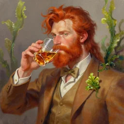 Distinguished british ginger Merman Researcher (Nigel Thornberry) drinking the finest whiskey in a glass, Algae. Trending on ArtStation and Pixiv. A vibrant digital oil painting. A highly detailed fantasy character illustration.