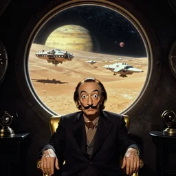 background : a huge porthole in which space, planet arrakis, spaceships are visible | foreground : salvador dali with crazy eyes and long mustache, sitting on gold chair in dark room | from the movie by alejandro jodorowsky with cinematogrophy of christopher doyle and art direction by hans giger, anamorphic lens, kodakchrome, 8 k