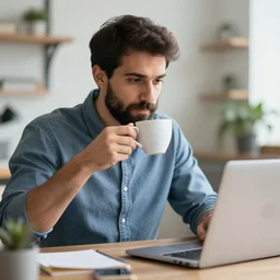 a white man with dark hair and a trimmed dark beard is in his office during the day and is drinking coffee while having a zoom meeting on his laptop, free stock photo, no watermark